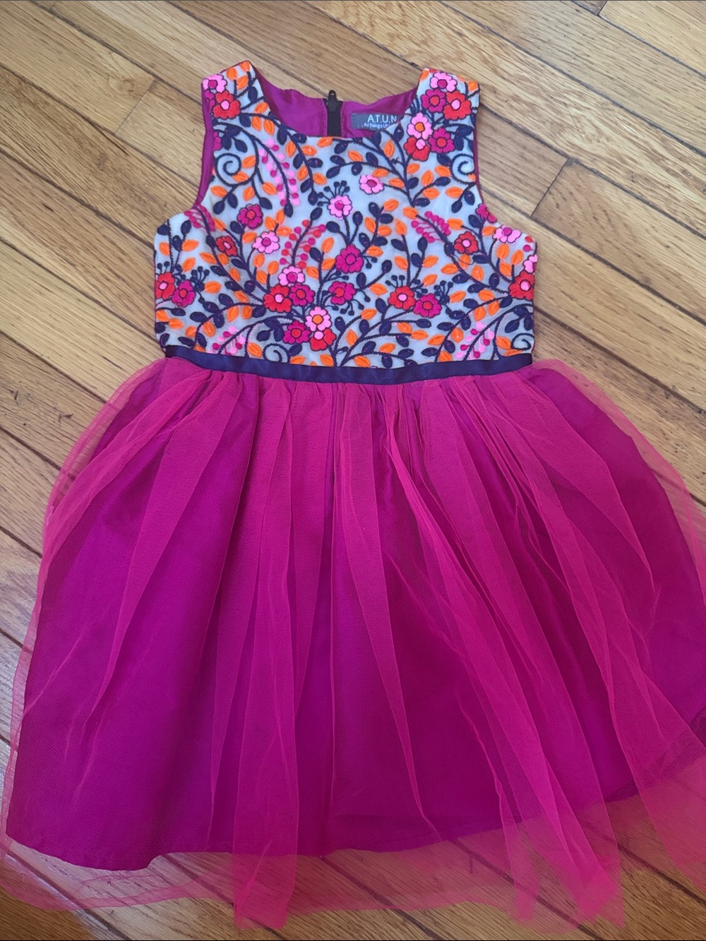 Atun Girls' Hot Pink Floral Embroidered Tulle Party Dress